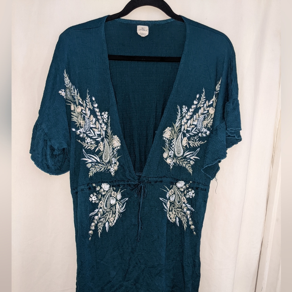 O'NEILL Beach Cover-up Teal/Dark Green Floral Embellished Tunic Top Size S